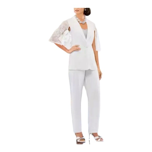 Midnight Velvet Crepe Overlay Lace Cape White Business Cocktail Summer Pant Suit - Picture 1 of 16